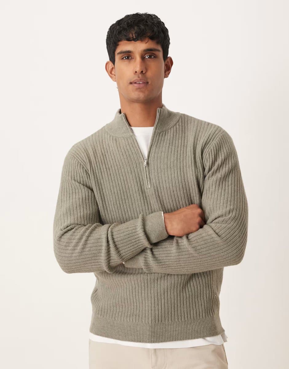 ASOS Mango wool blend quarter zip knitted jumper in sage green