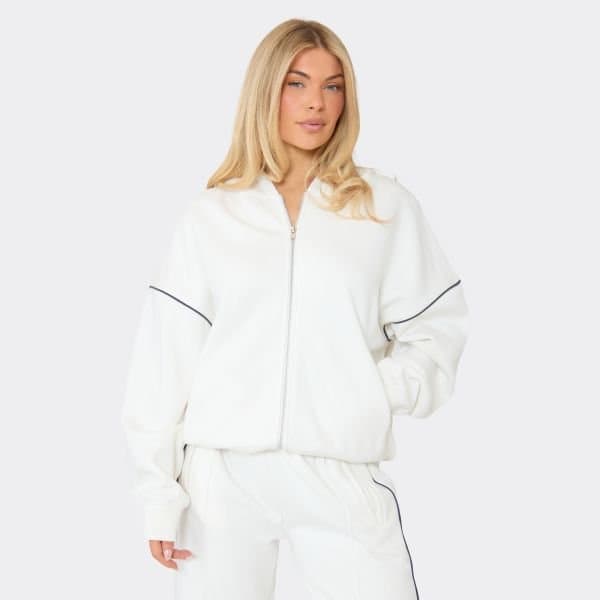 EGO Contrast Stripe Boxy Zip Up Hoodie In Cream, Women's Size UK 6