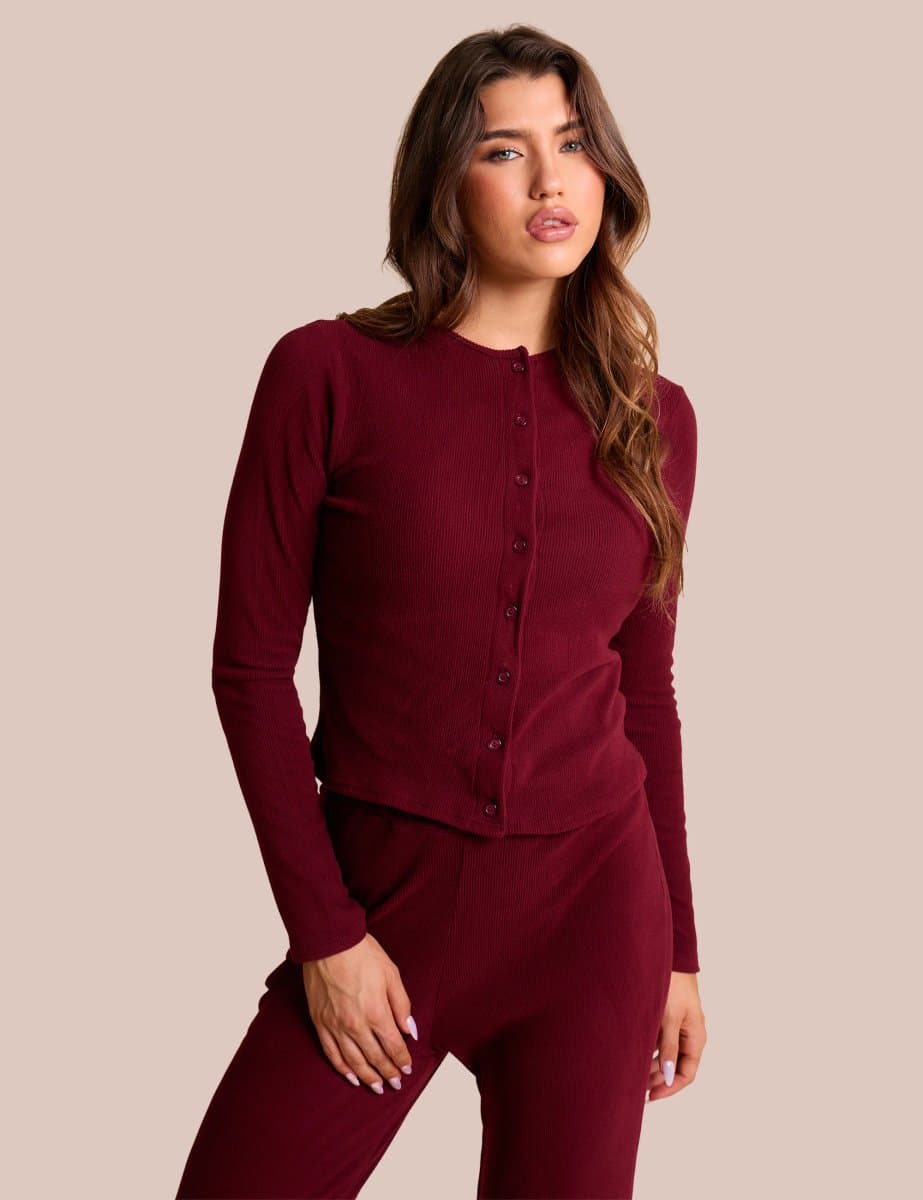 Public Desire Rib Button Through Long Sleeve Top Burgundy