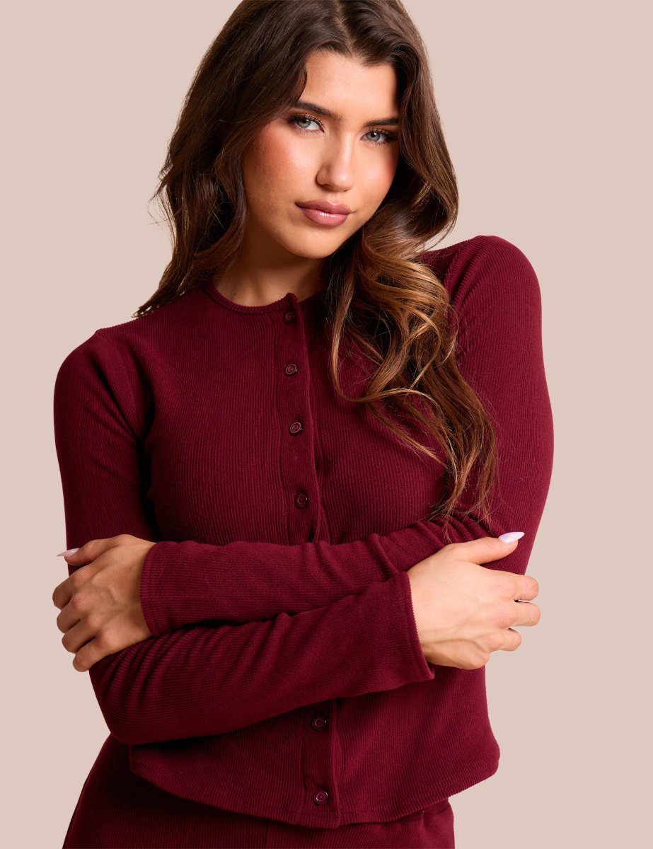 Public Desire Rib Button Through Long Sleeve Top Burgundy - 2