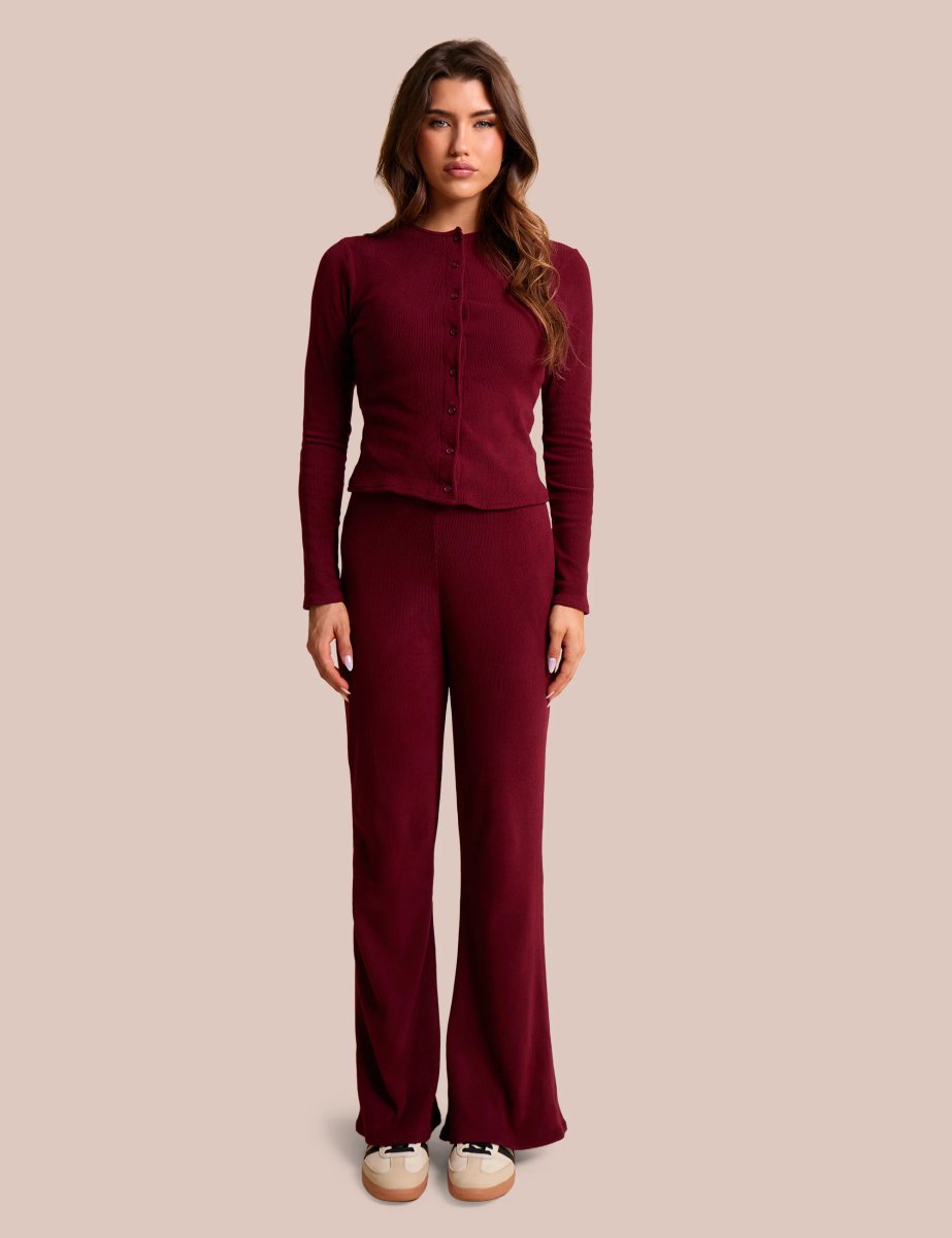 Public Desire Rib Button Through Long Sleeve Top Burgundy - 3