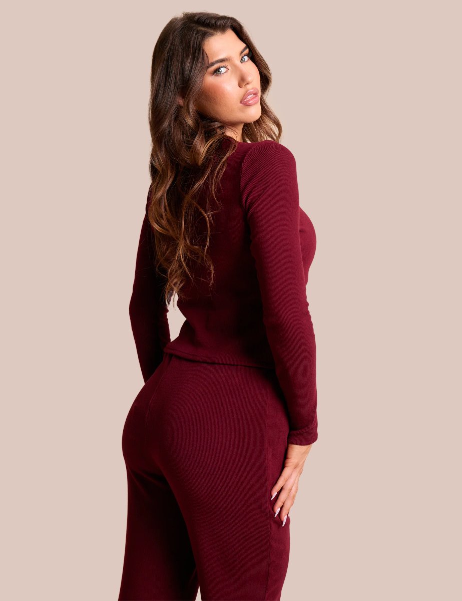 Public Desire Rib Button Through Long Sleeve Top Burgundy - 4