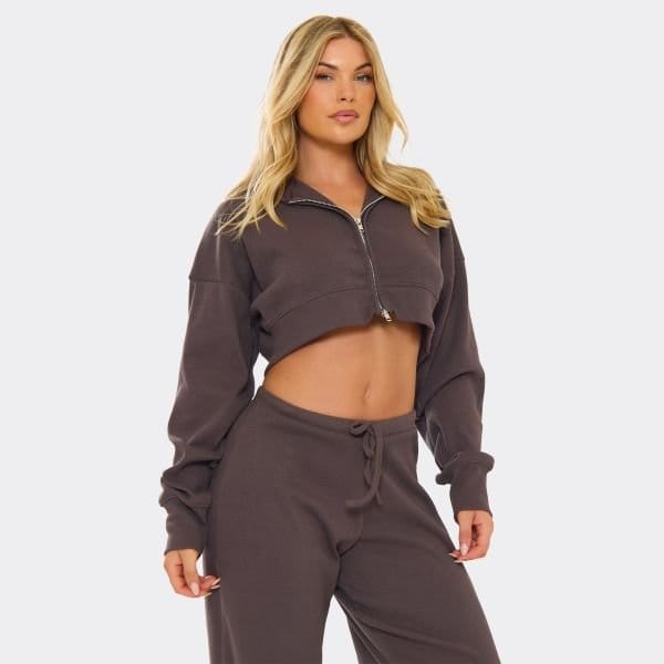EGO Long Sleeve Zip Up Cropped Hoodie In Chocolate Brown Rib, Women's Size UK 10 - 1