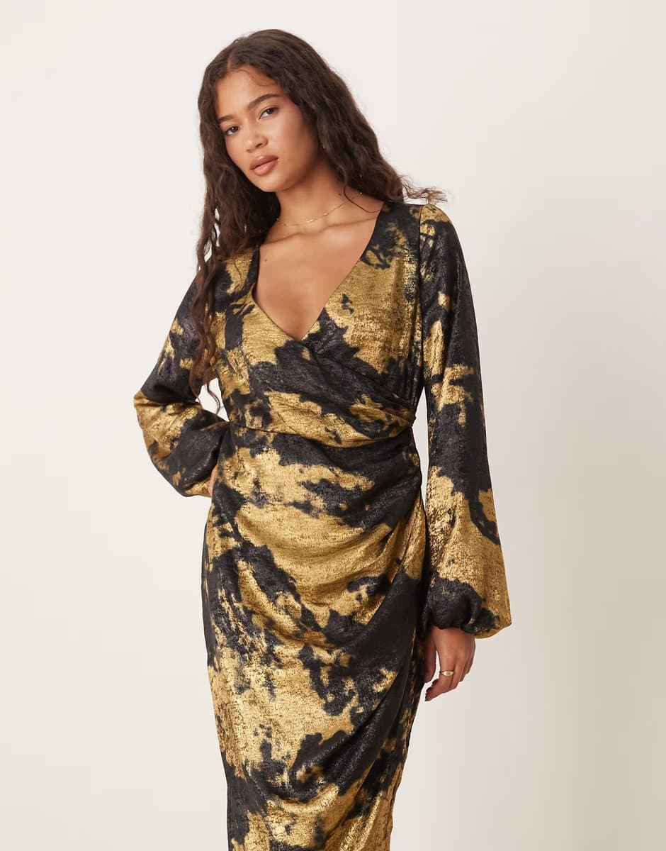 ASOS Lovedrobe Long sleeve faux wrap gathered midaxi dress in gold