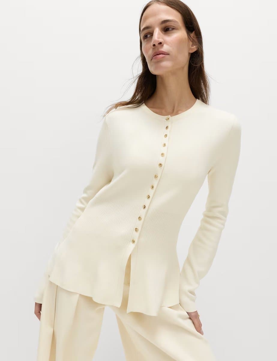 Marks & Spencer M&S Crew Neck Peplum Slim Fit Cardigan in Ivory