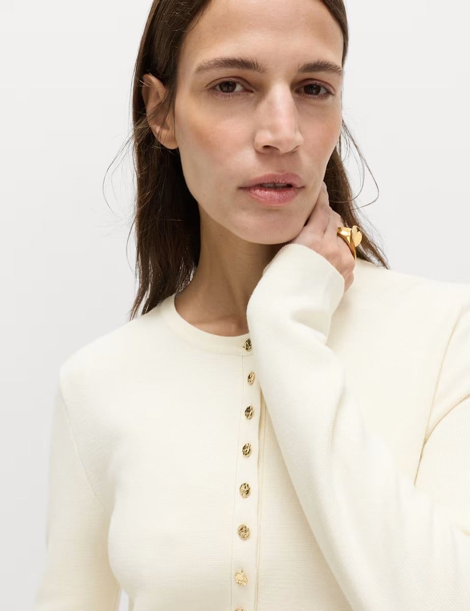 Marks & Spencer M&S Crew Neck Peplum Slim Fit Cardigan Ivory - 4