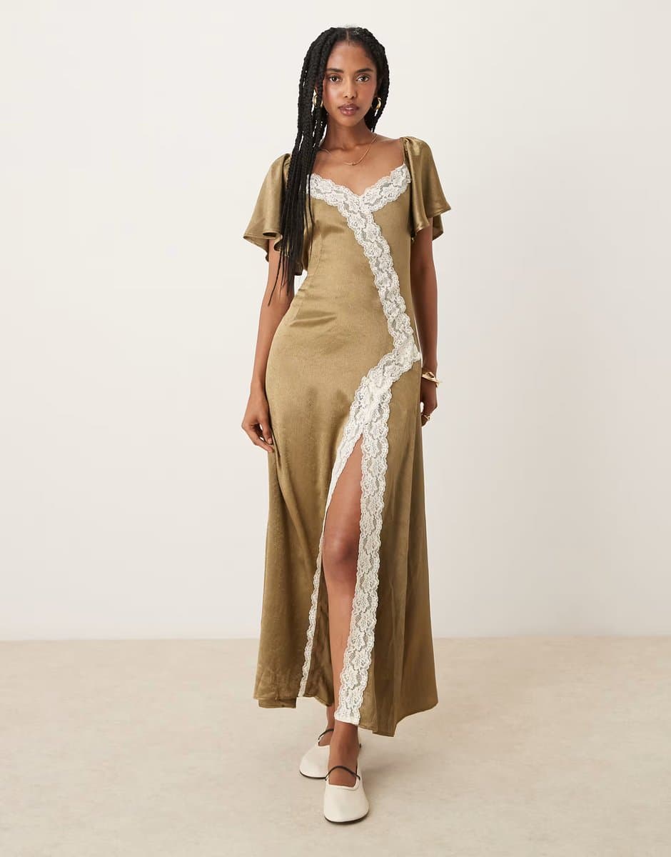 ASOS Kiss The Sky satin lace detailed midaxi dress in olive
