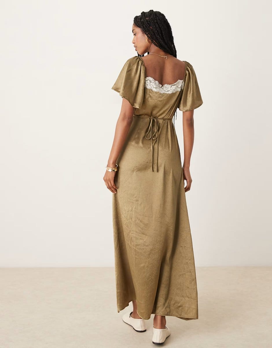 ASOS Kiss The Sky satin lace detailed midaxi dress in olive - 4