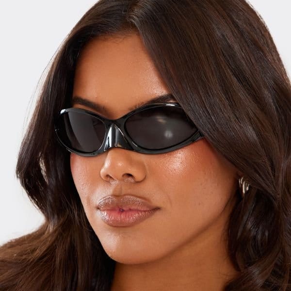 EGO Black Lense Nose Detail Wrap Around Sunglasses In Black, Women's Size UK One Size - 2