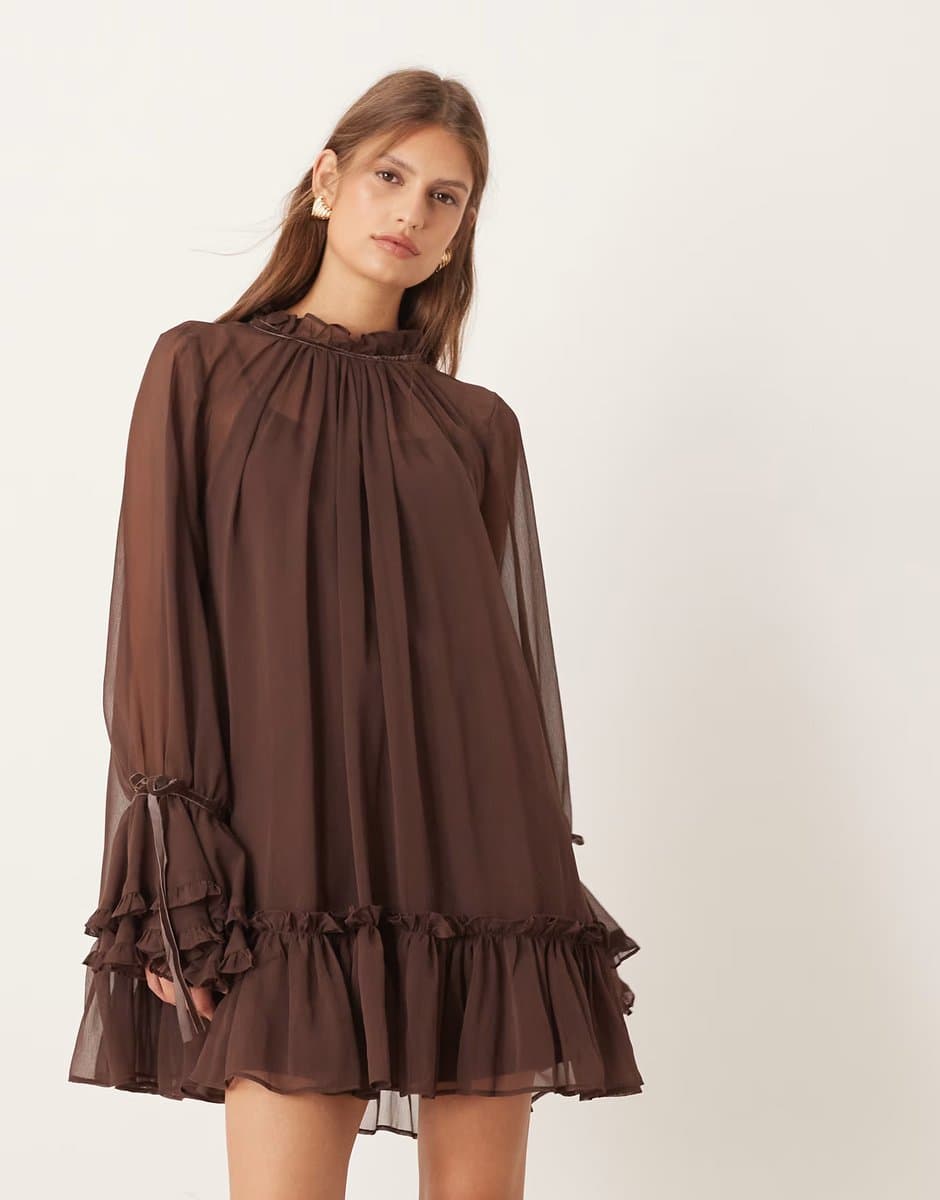 ASOS ASOS DESIGN smock mini dress with tiered ruffle cuff and velvet bows in chocolate