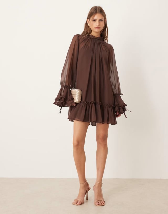 ASOS ASOS DESIGN smock mini dress with tiered ruffle cuff and velvet bows in chocolate - 3