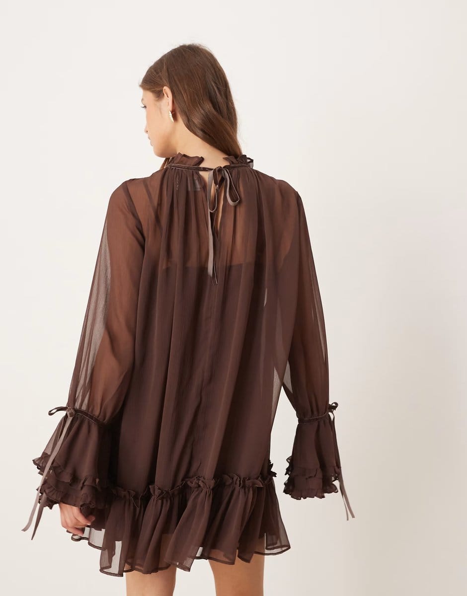 ASOS ASOS DESIGN smock mini dress with tiered ruffle cuff and velvet bows in chocolate - 4