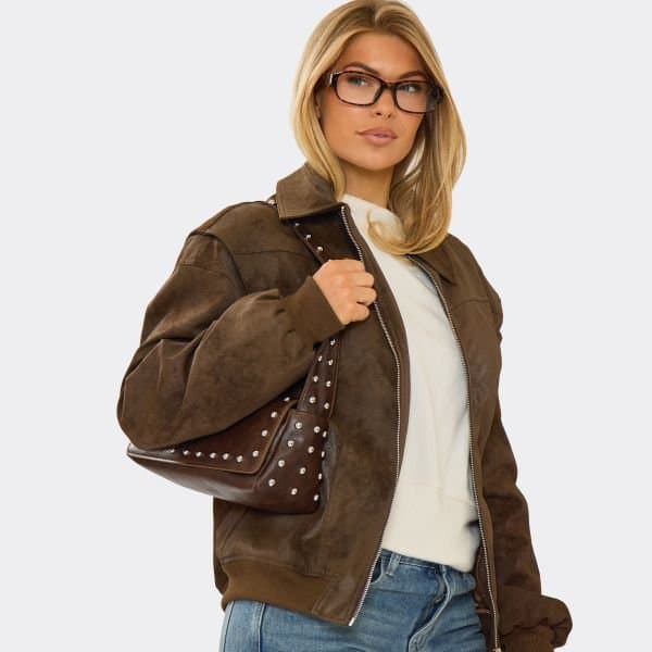 EGO Worker Stud Detail Rectangle Shaped Shoulder Bag In Brown Faux Leather, Women's Size UK One Size