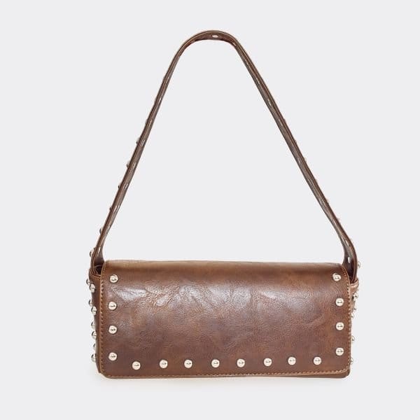 EGO Worker Stud Detail Rectangle Shaped Shoulder Bag In Brown Faux Leather, Women's Size UK One Size - 2