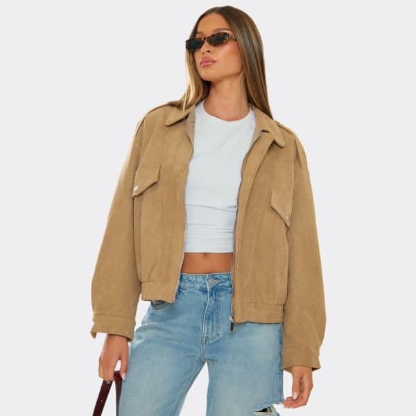 EGO EGO Suede Bomber Jacket with Pocket Detail in Tan
