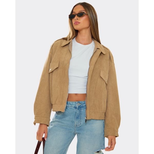 EGO Long Sleeve Pocket Detail Bomber Jacket In Tan Suede, Women's Size UK Medium/Large M/L - 2