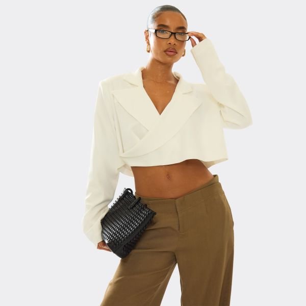 EGO Long Sleeve Oversized Wrap Cropped Blazer In Cream, Women's Size UK 8 - 1