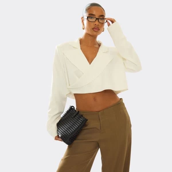 EGO EGO Long Sleeve Oversized Wrap Cropped Blazer in Cream