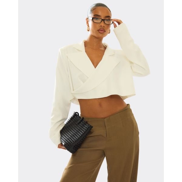 EGO Long Sleeve Oversized Wrap Cropped Blazer In Cream, Women's Size UK 8 - 2