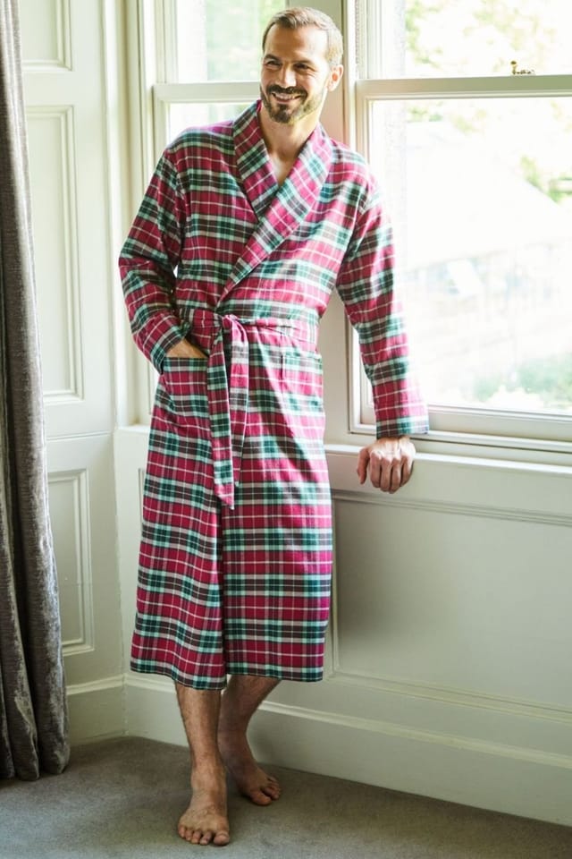 British Boxers British Boxers Men's "Gaia" Tartan Brushed Cotton Dressing Gown in Burgundy - 2