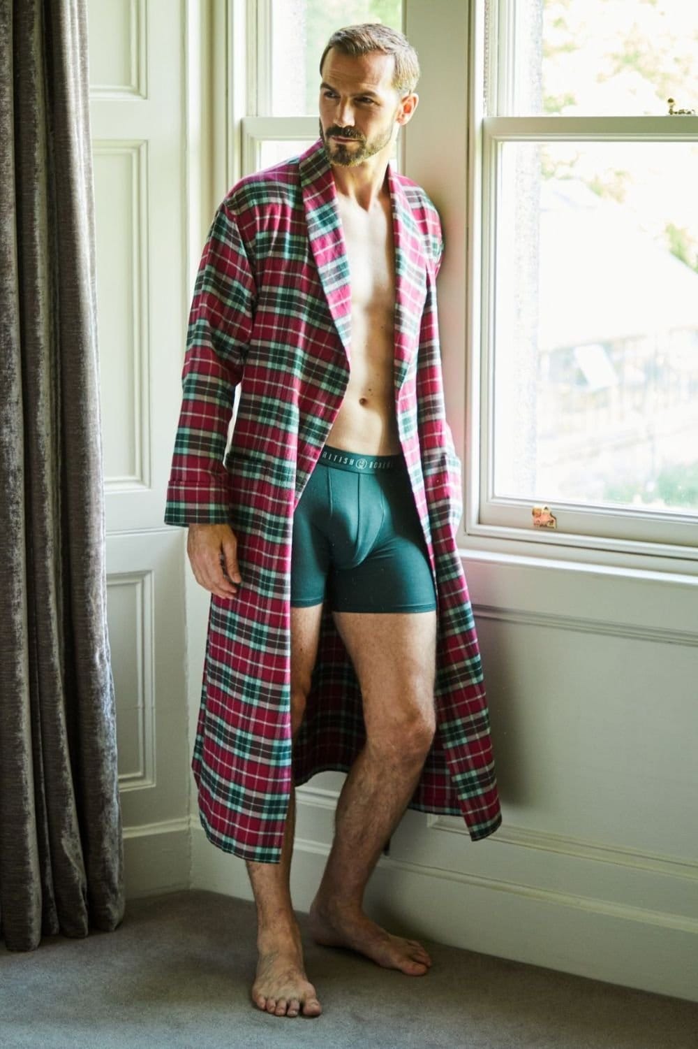 British Boxers British Boxers Men's "Gaia" Tartan Brushed Cotton Dressing Gown in Burgundy - 4