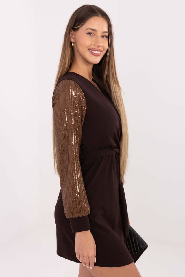 Love Lace Love Lace Women's Sequin Wrap Pencil Mini Dress with Long Sleeves in Brown - 2
