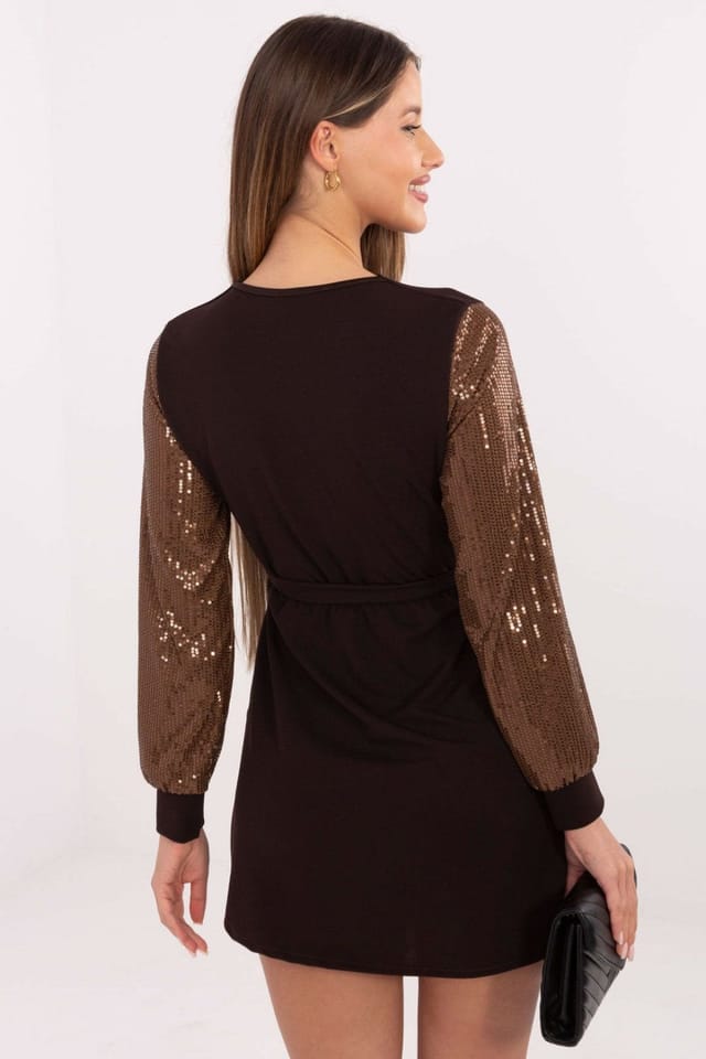 Love Lace Love Lace Women's Sequin Wrap Pencil Mini Dress with Long Sleeves in Brown - 3
