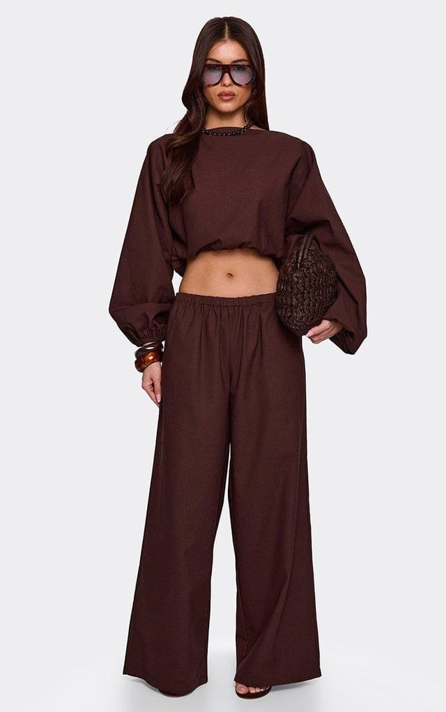 EGO Elasticated Waist Wide Leg Trousers In Brown Linen, Women's Size UK L - 2