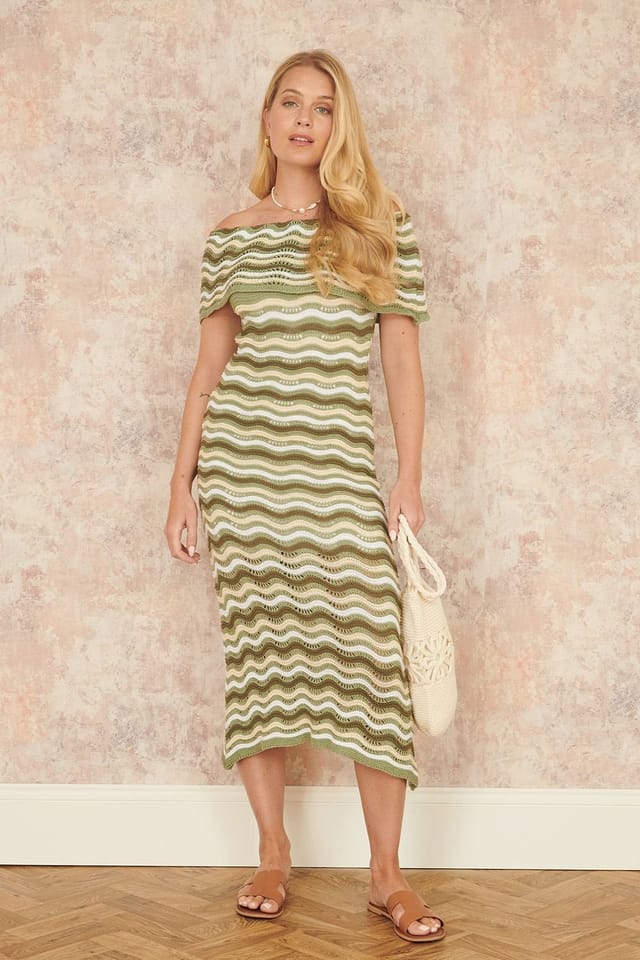 Yumi Yumi Women's Green Stripe Crochet Knit Bardot Midi Dress - 3