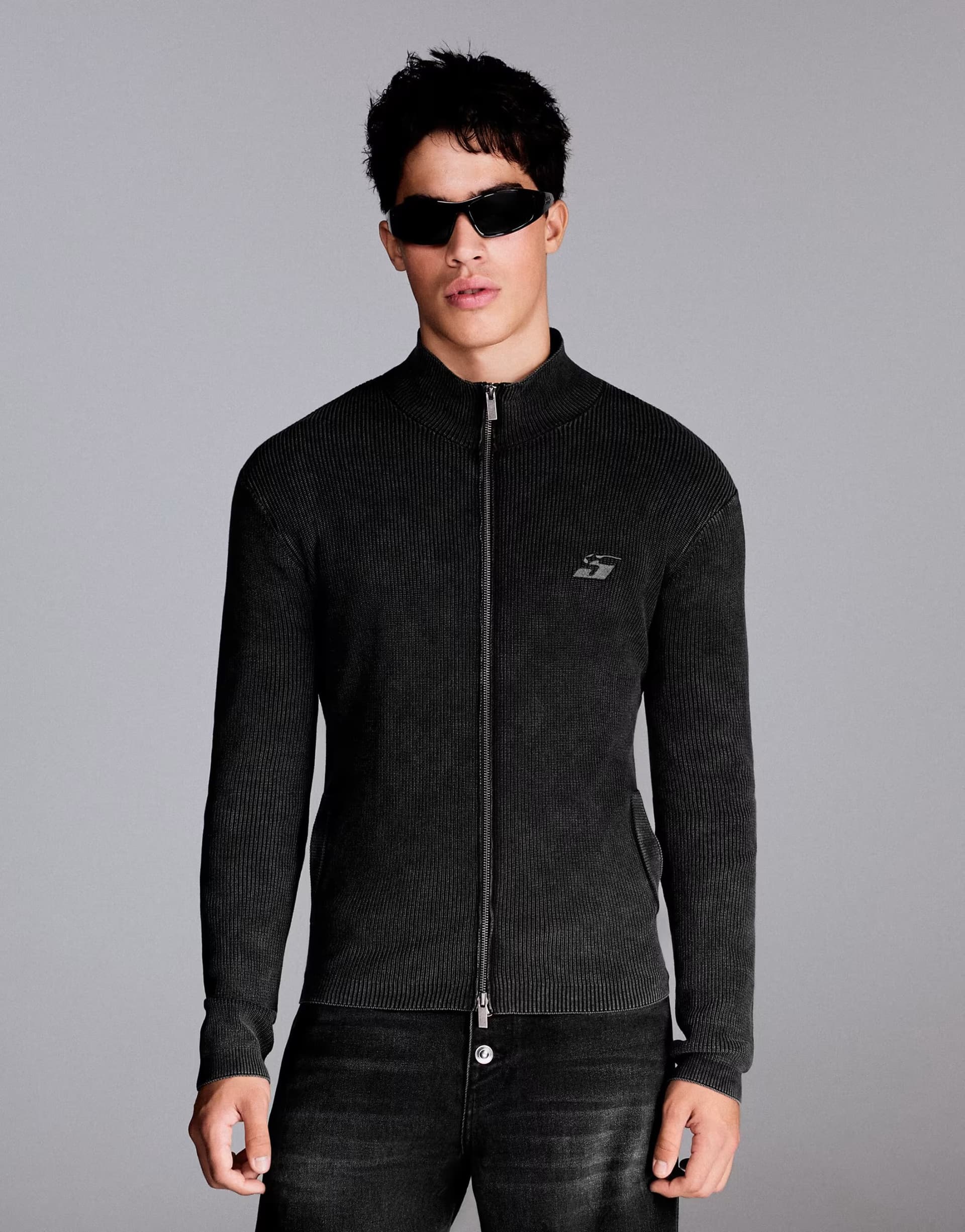 ASOS Bershka Ribbed zip-up fitted jacket in black