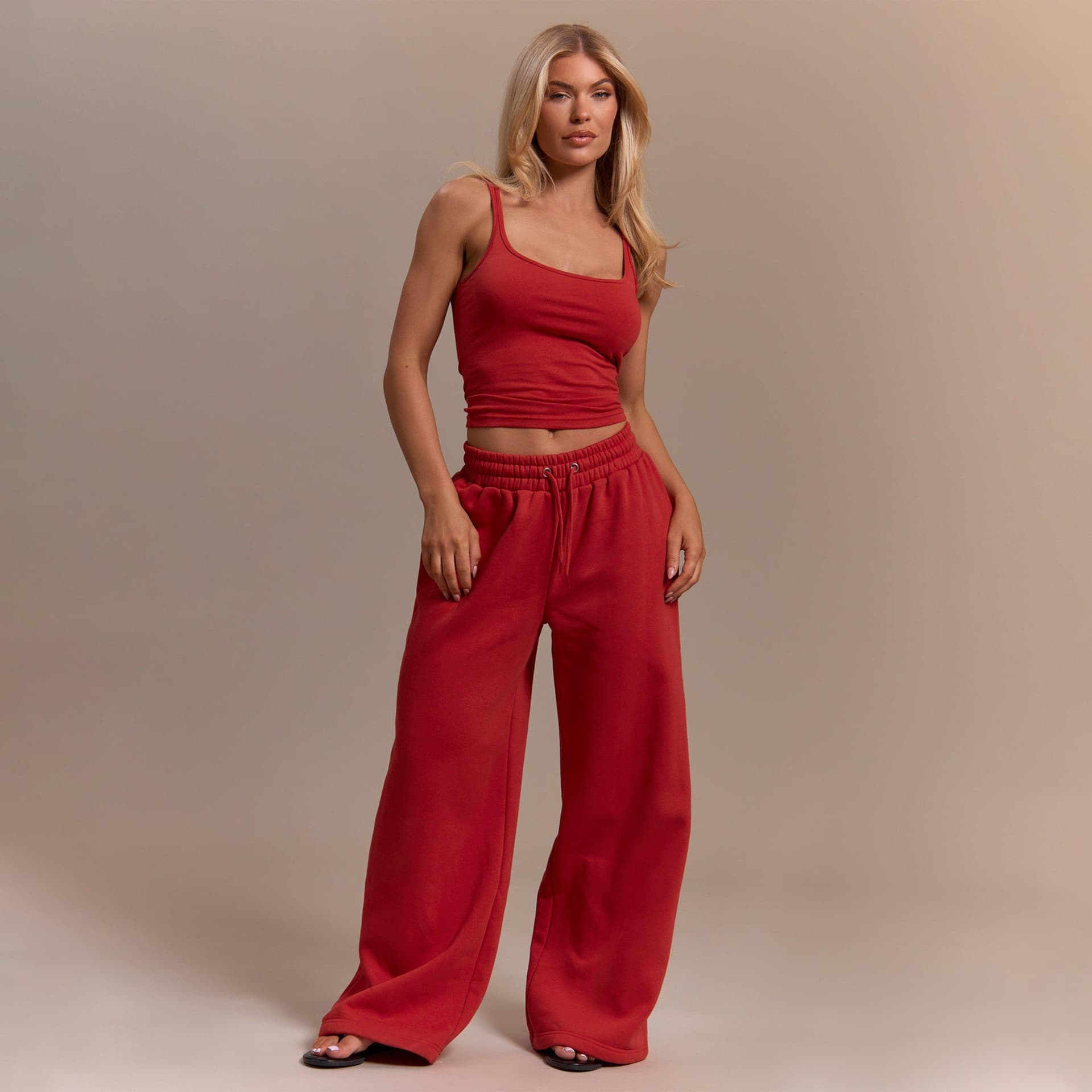 EGO Low Rise Drawstring Waist Pocket Detail Wide Leg Joggers In Red, Women's Size UK 6