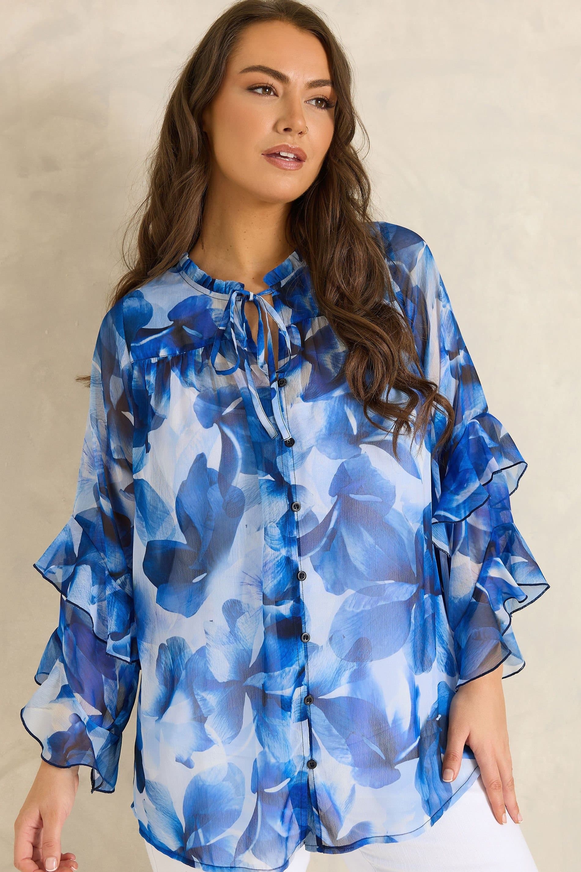 Evans Evans Women's Floral Tie Neck Frill Blouse in Cobalt