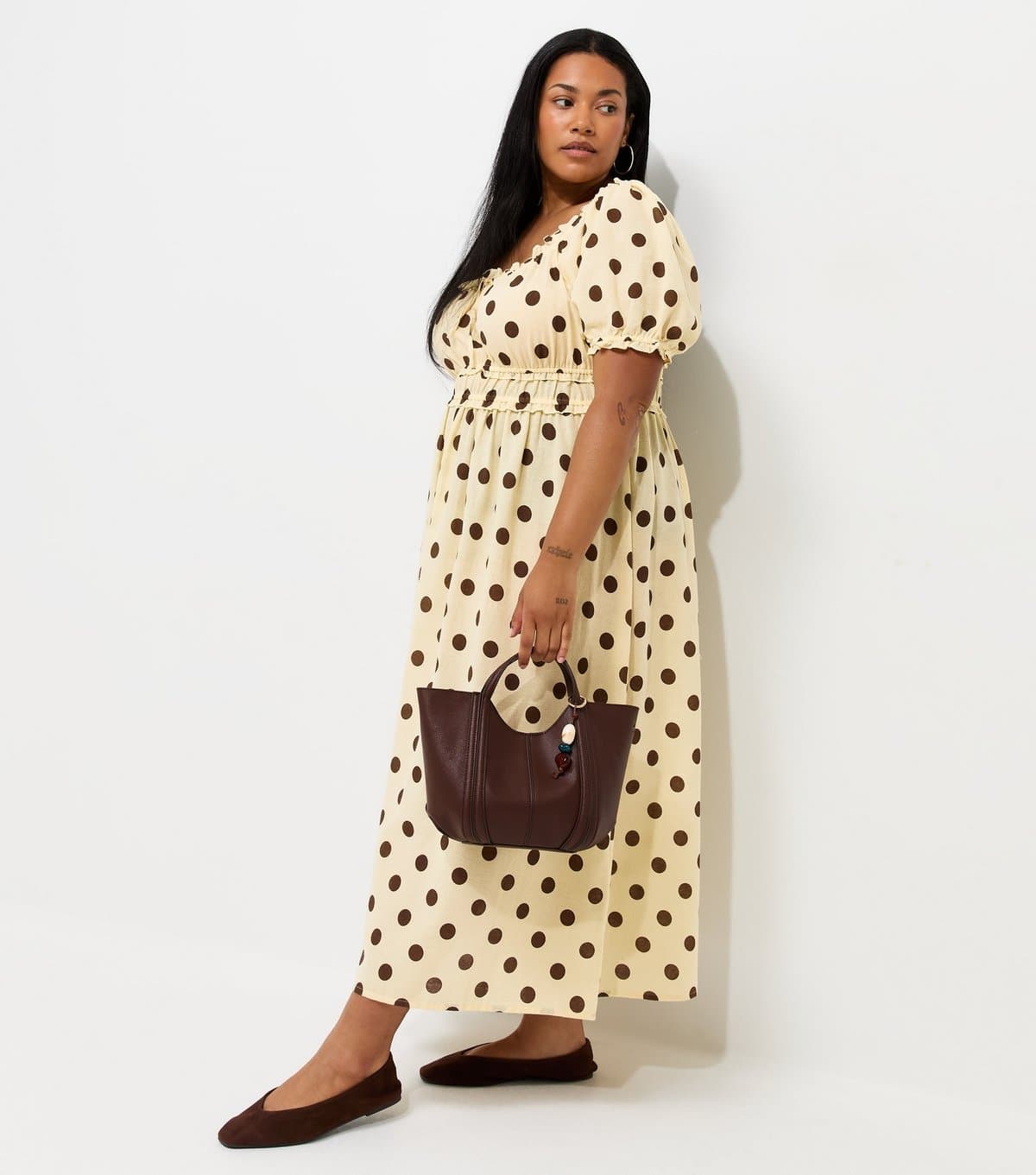 New Look Women's Plus Size Yellow Cotton Polka Dot Milkmaid Midi Dress Curves New Look