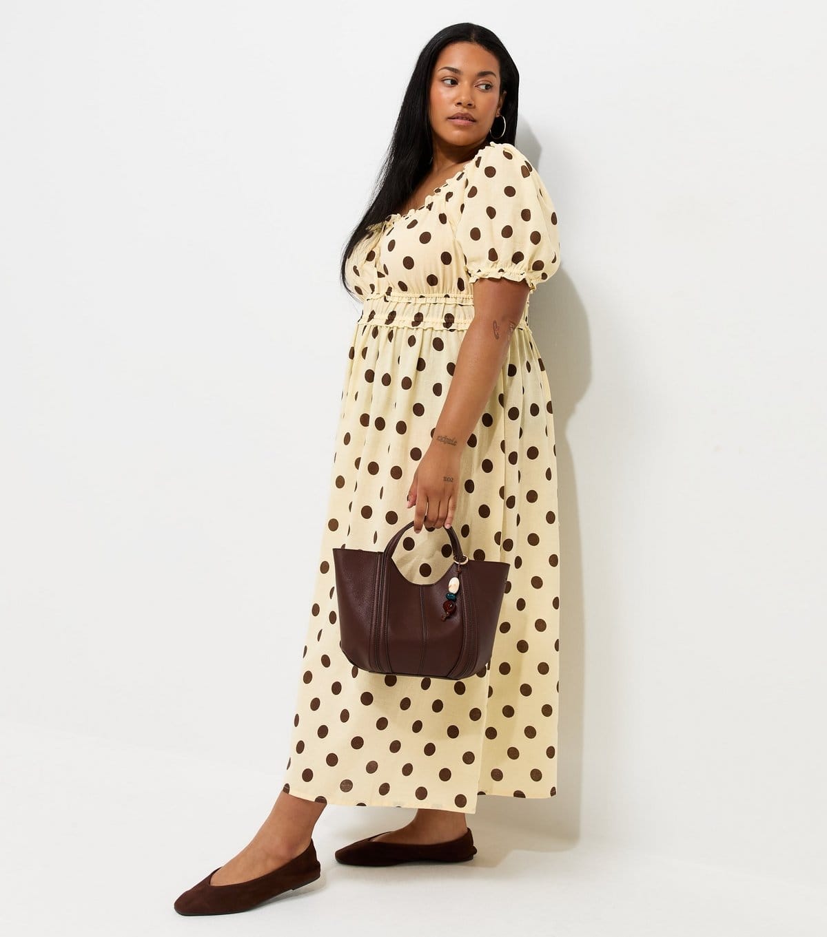 Women's Plus Size Yellow Cotton Polka Dot Milkmaid Midi Dress Curves New Look