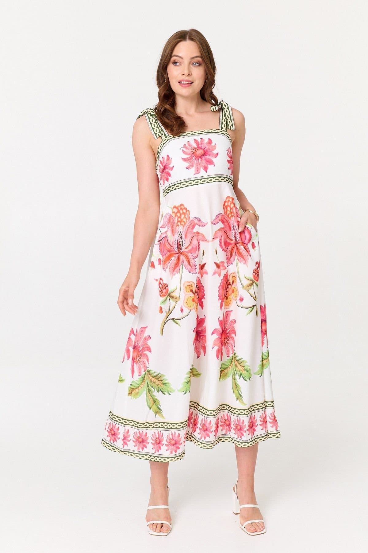 Izabel London Izabel London Women's Floral Tie Strap Sleeveless Midi Dress in White