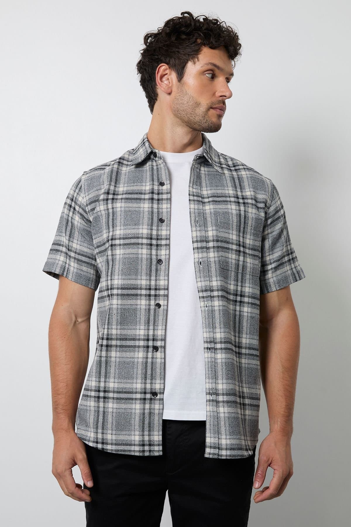Burton Burton Men's Grey Check Short Sleeve Shirt in Brown