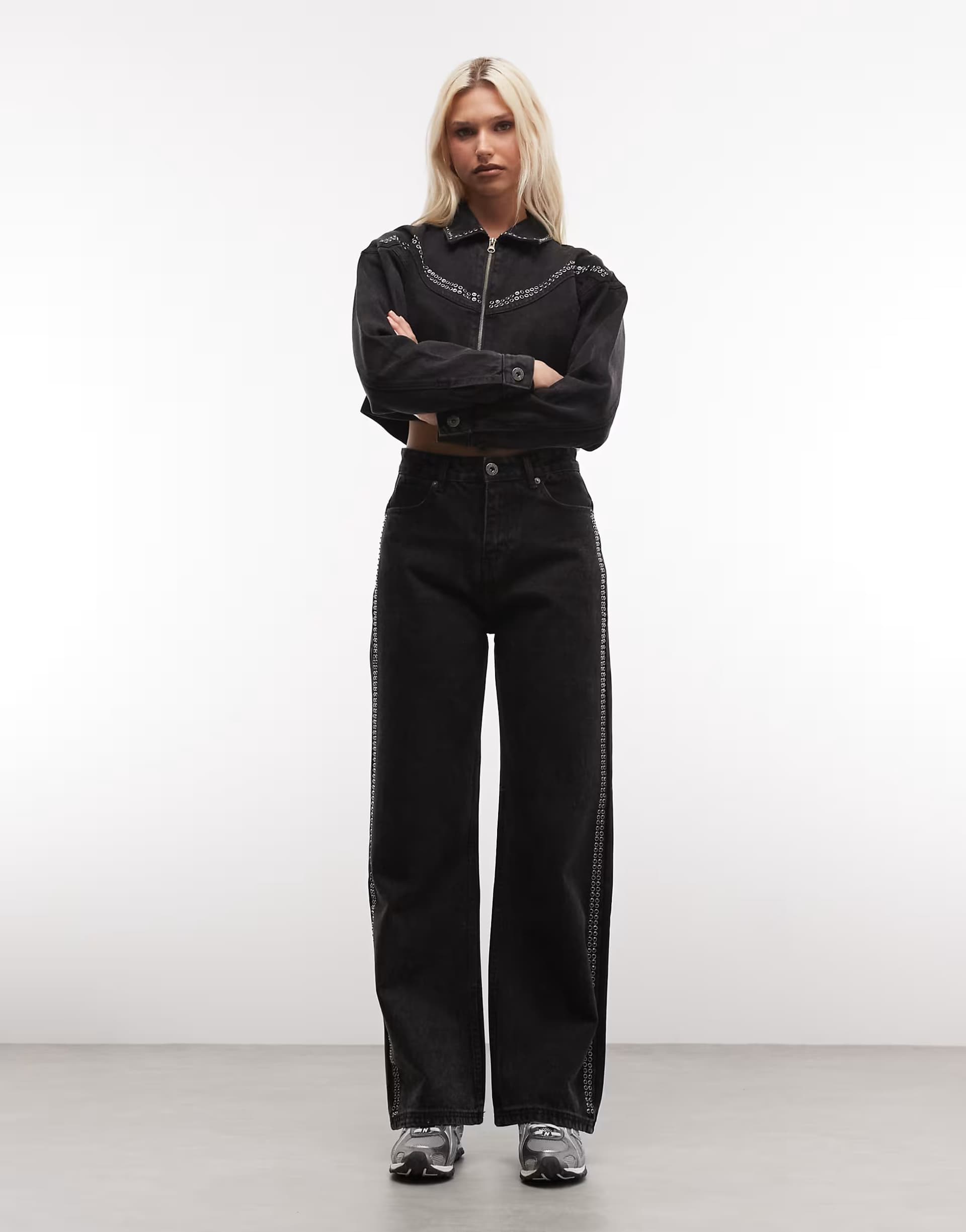 ASOS Courtside studded denim jacket and jean co-ord in black wash