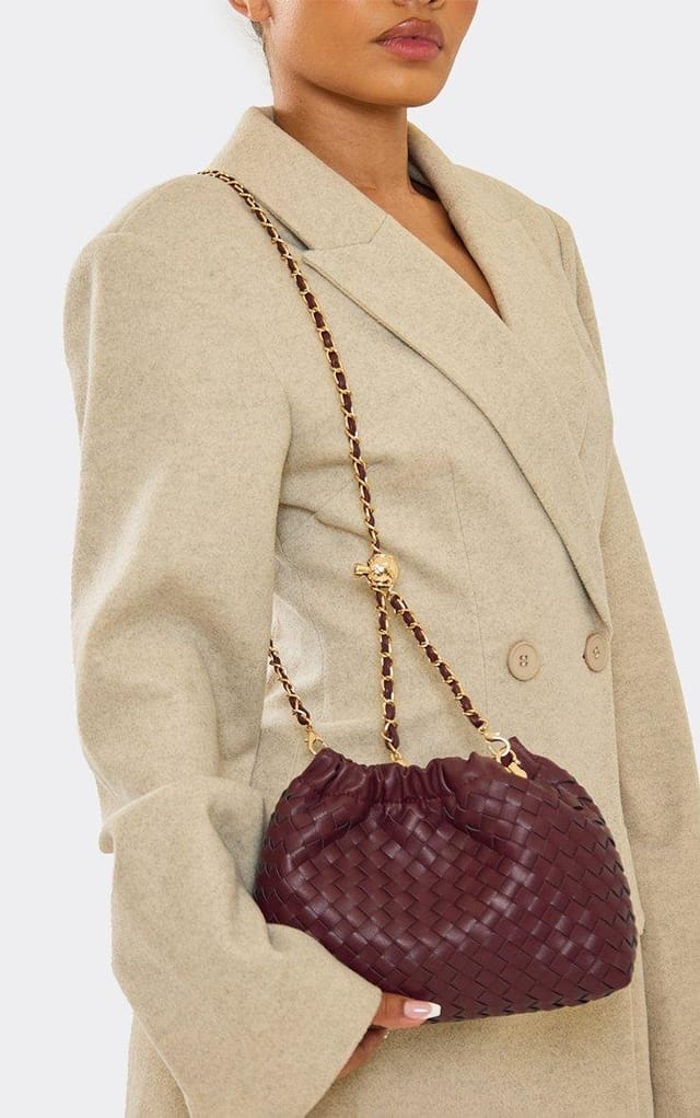 EGO Wander Woven Detail Shaped Cross Body Bag In Burgundy Faux Leather, Women's Size UK 0 - 2
