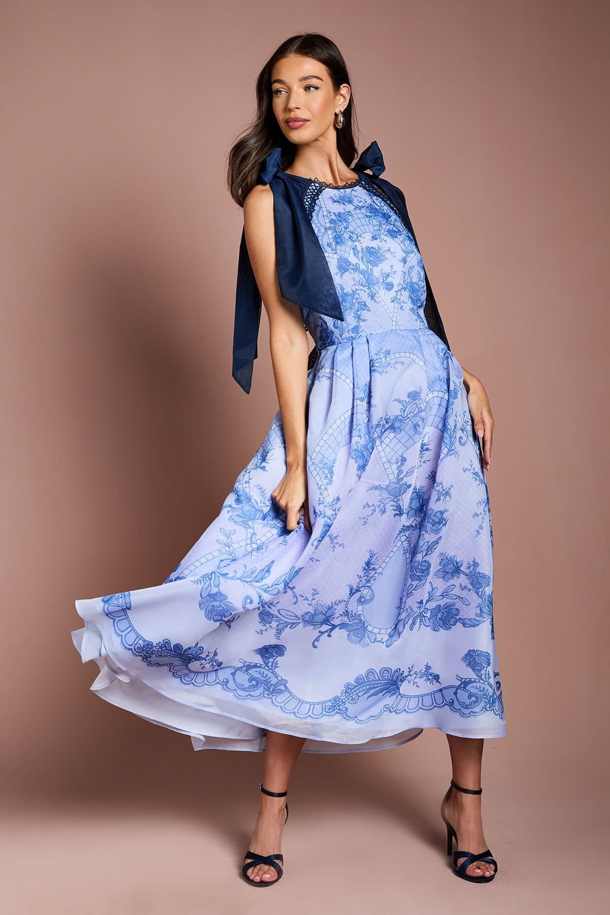 Coast Coast Women's Halter Neck Bow Shoulder Placement Print Organza Midi Dress in Blue