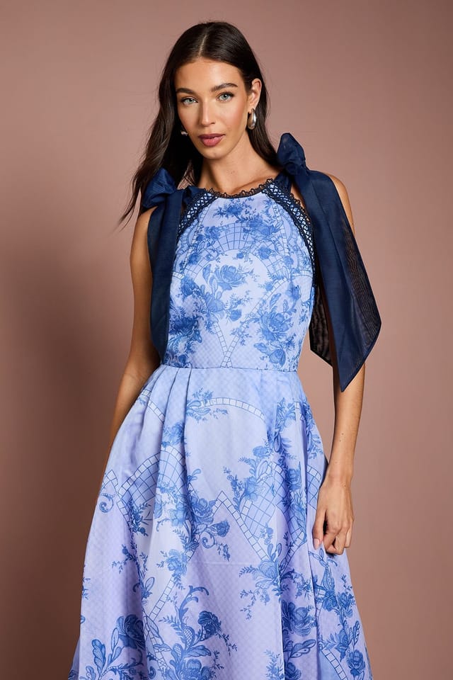 Coast Coast Women's Halter Neck Bow Shoulder Placement Print Organza Midi Dress in Blue - 2