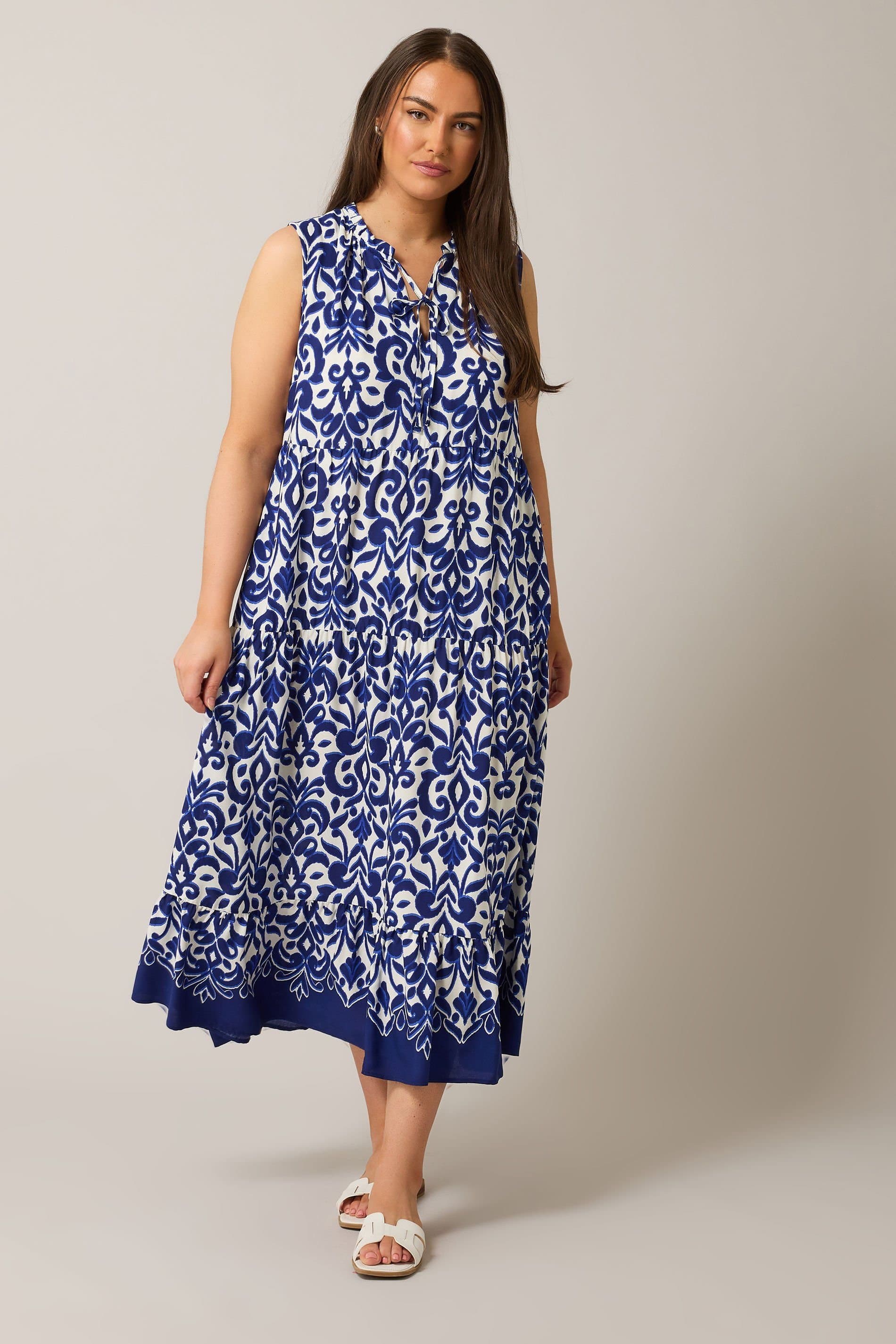 Evans Evans Women's Abstract Print Tiered Midaxi Dress in Blue