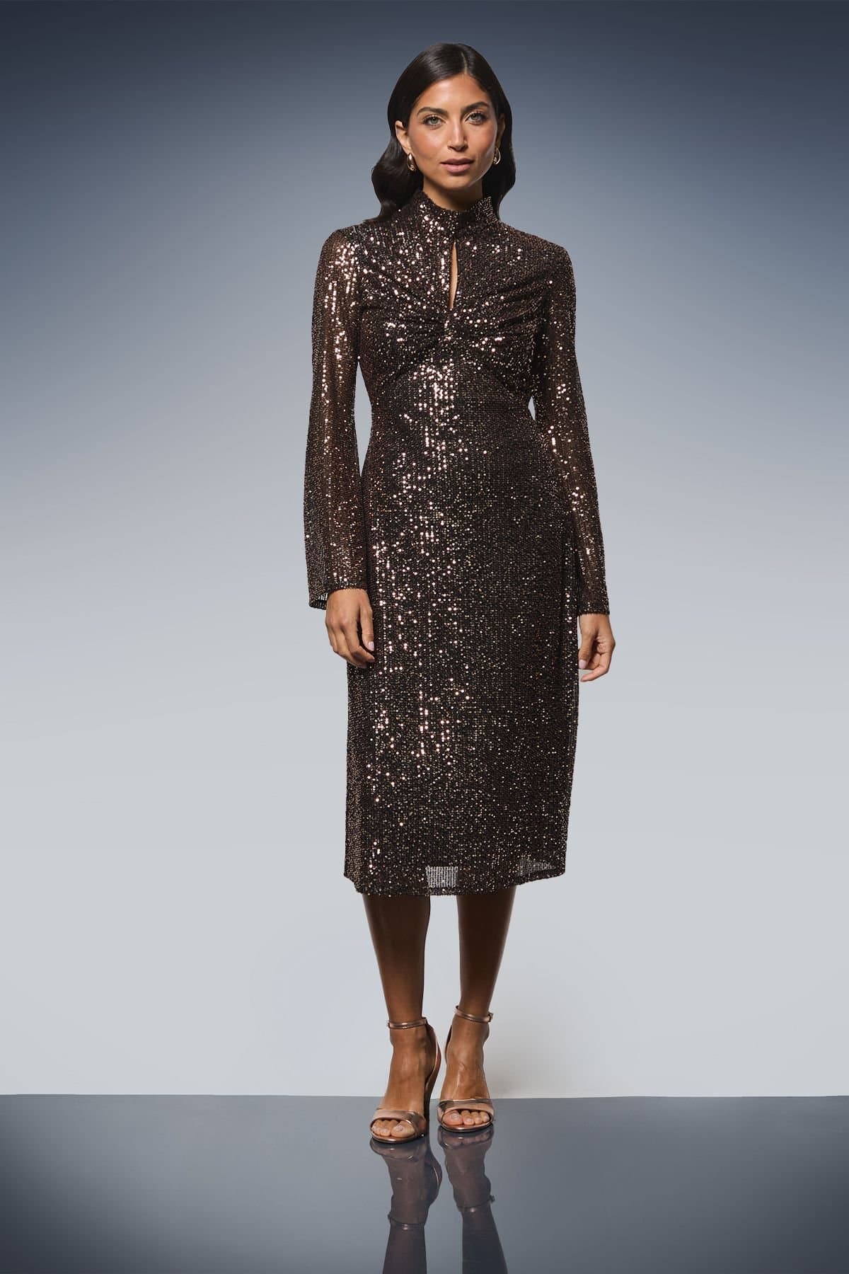 Wallis Wallis Women's High Neck Sequin Midi Dress in Black