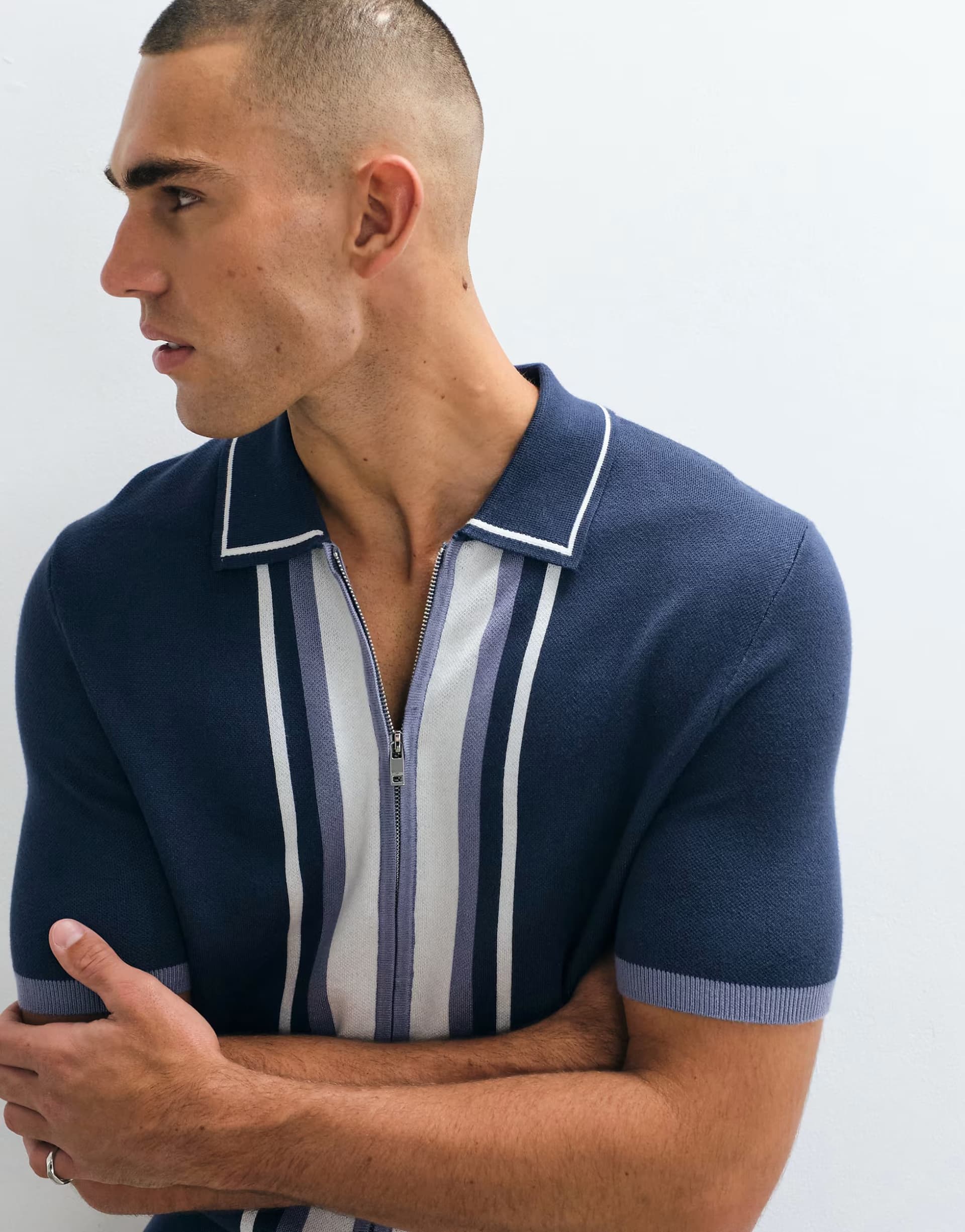 ASOS Belier panelled zip through knitted shirt in navy