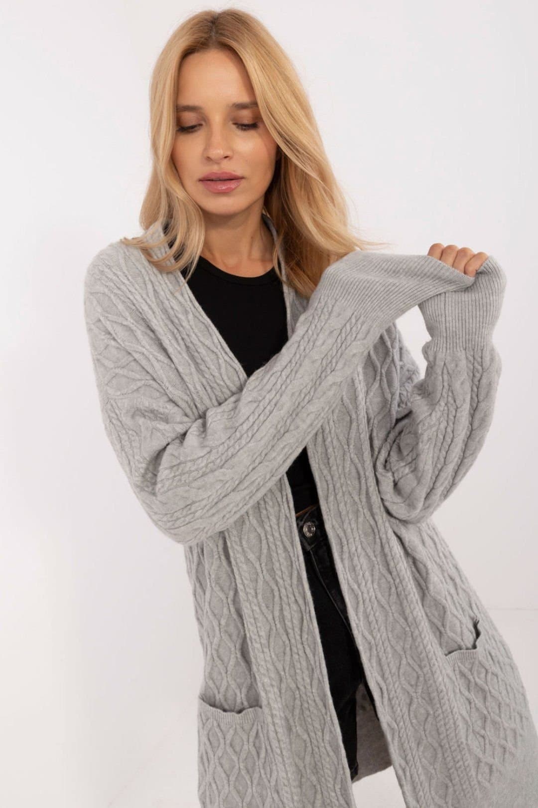 Love Lace Love Lace Women's Long Open Front Textured Cardigan in Grey