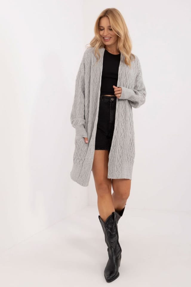 Love Lace Love Lace Women's Long Open Front Textured Cardigan with Pockets in Grey - 2