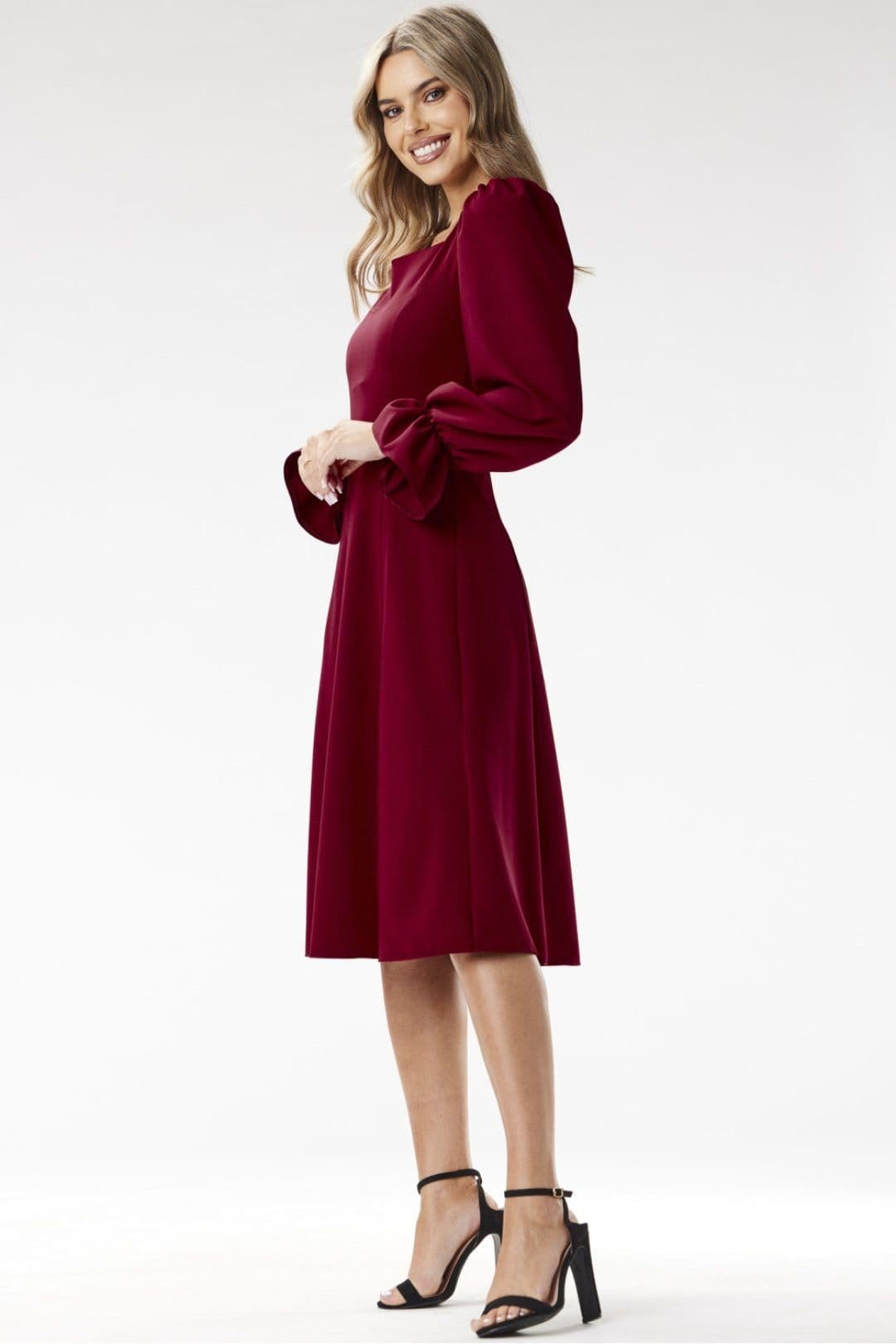 Love Lace Love Lace Women's Elegant Midi Cocktail Dress Mock Neck in Burgundy - 4