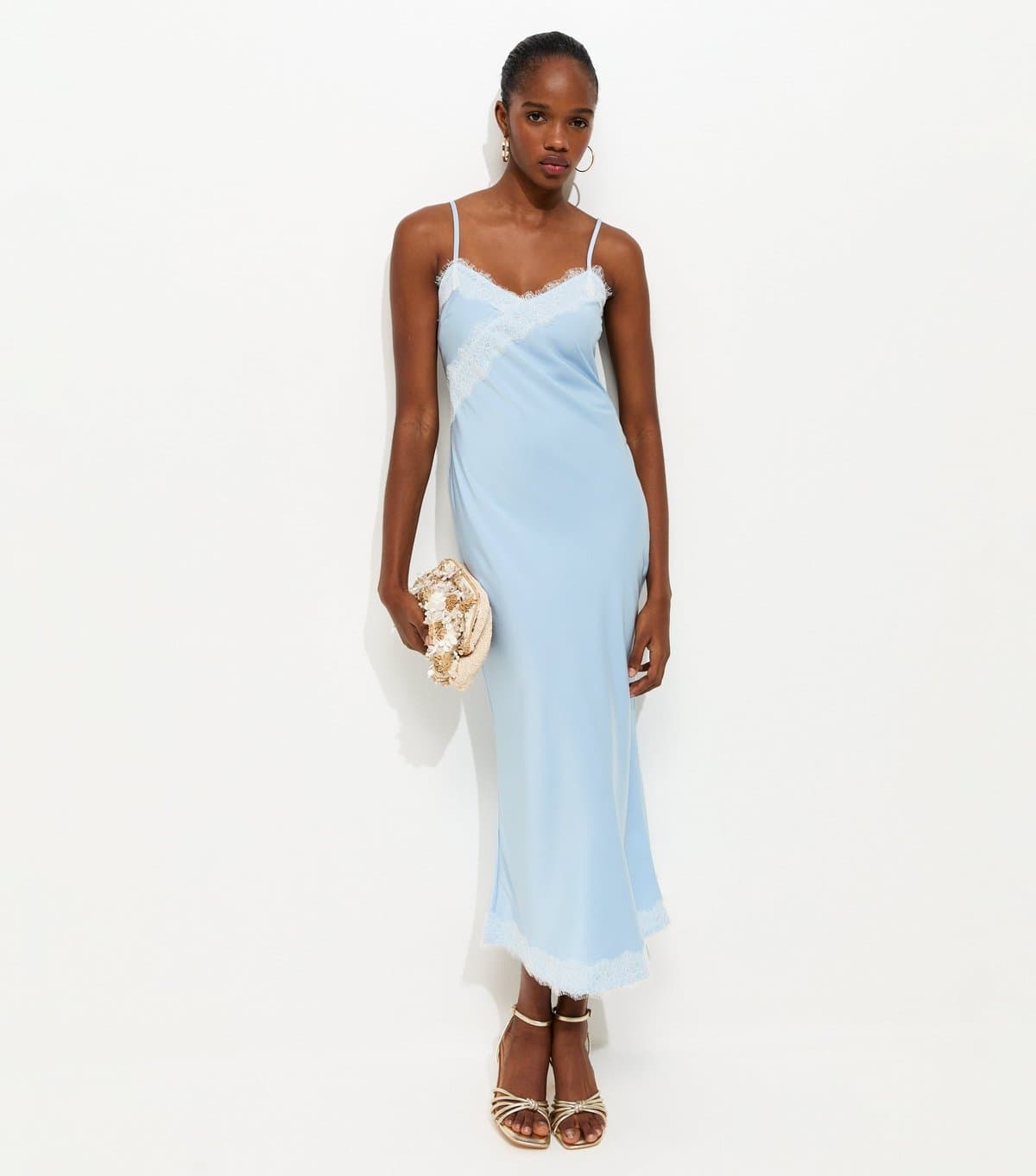 New Look Women's Blue Lace Trimmed Satin Midi Dress New Look
