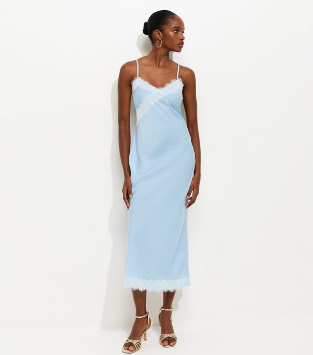 New Look Women's Blue Lace Trimmed Satin Midi Dress New Look - 2