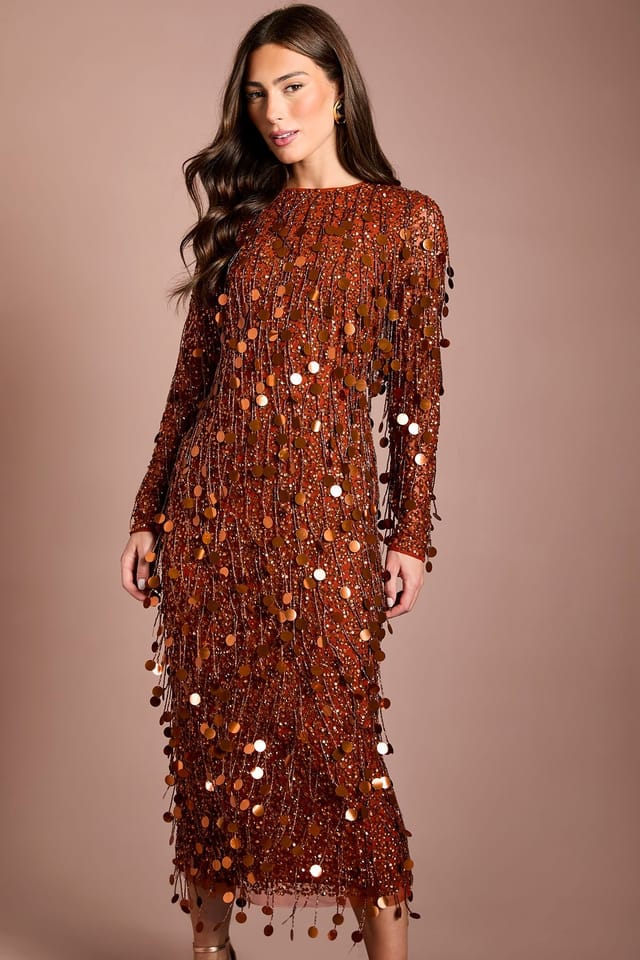 Coast Coast Women's Muse Sequin Long Sleeve Midi Dress in Rust - 2