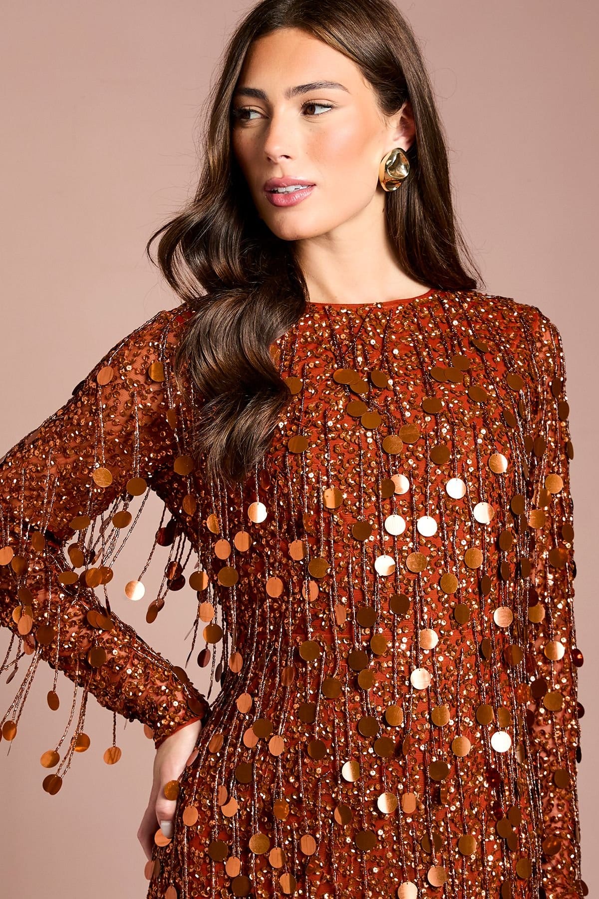 Coast Coast Women's Muse Sequin Long Sleeve Midi Dress in Rust - 4
